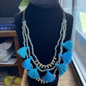 BLUE and gold‎ three tiered bohemian tassel necklace